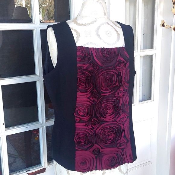 Lisa Rene Vintage Floral Shell Sleeveless Lined Top Size 8 Black and Red - Picture 1 of 8